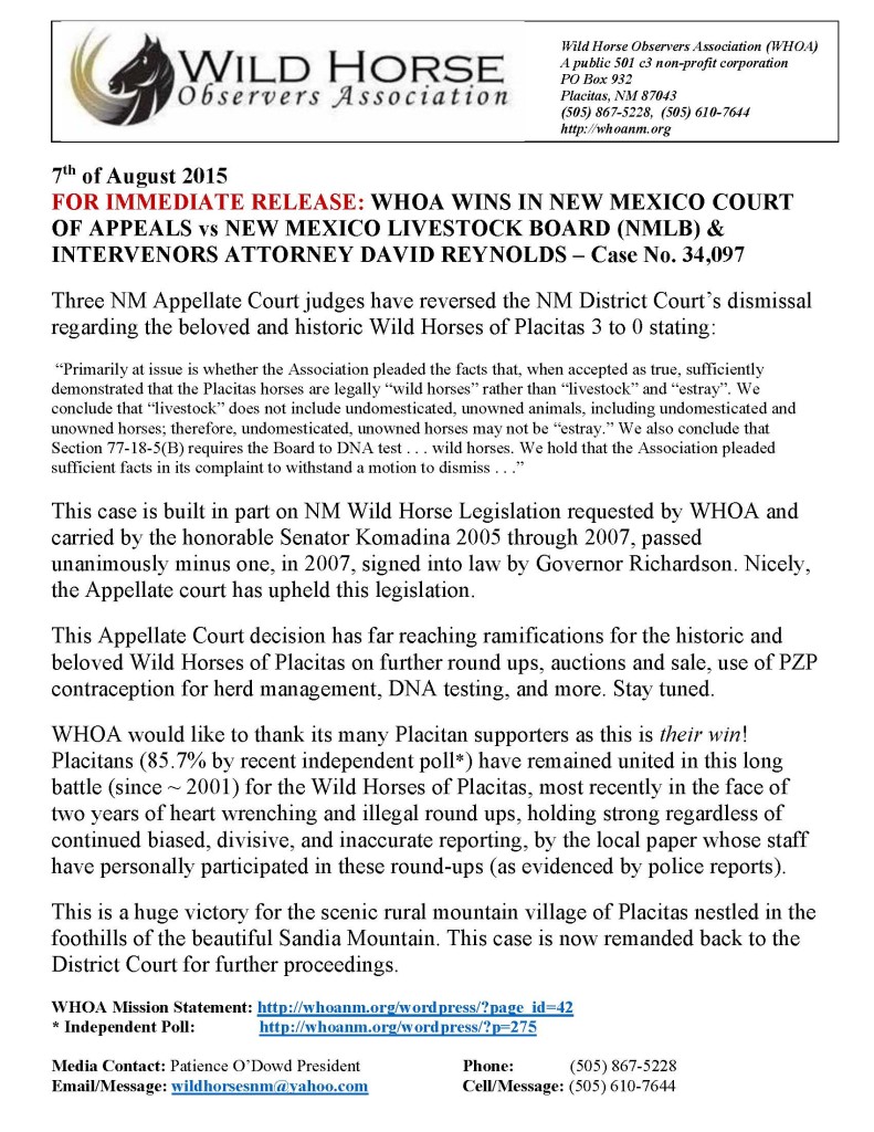 Press Release WHOA Wins in NM Court of Appeals